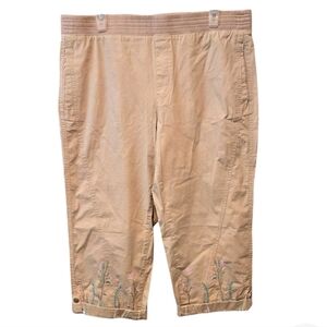 Chicos Capri Pant 2.5R Sz 14 Khaki Rolled Crop Stretch Elastic Waist Floral
